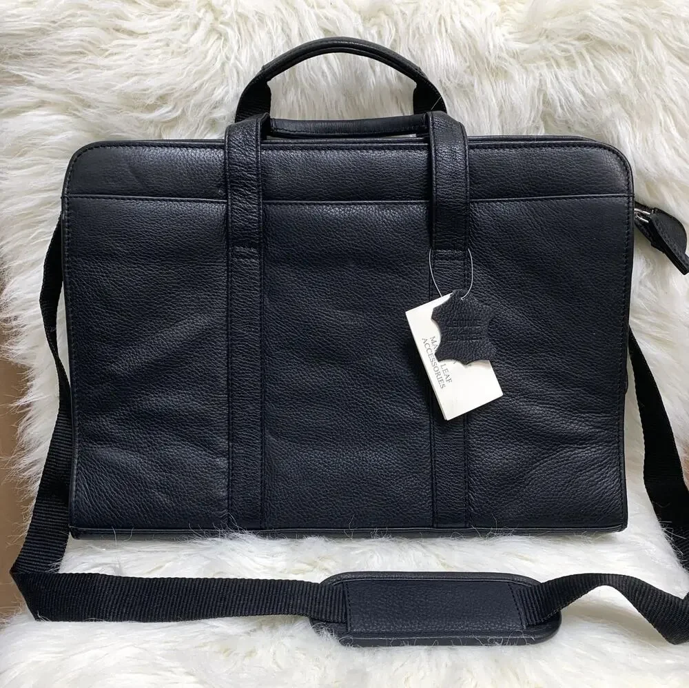 MAPLE LEAF ACCESSORIES Black Pebbled Leather Briefbag Business Laptop School Bag
